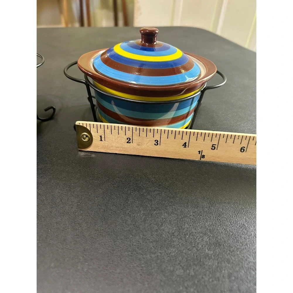 Temptations Mini Casserole Dishes SET/2 Striped Floral Lids & Wire Racks 9 oz‎